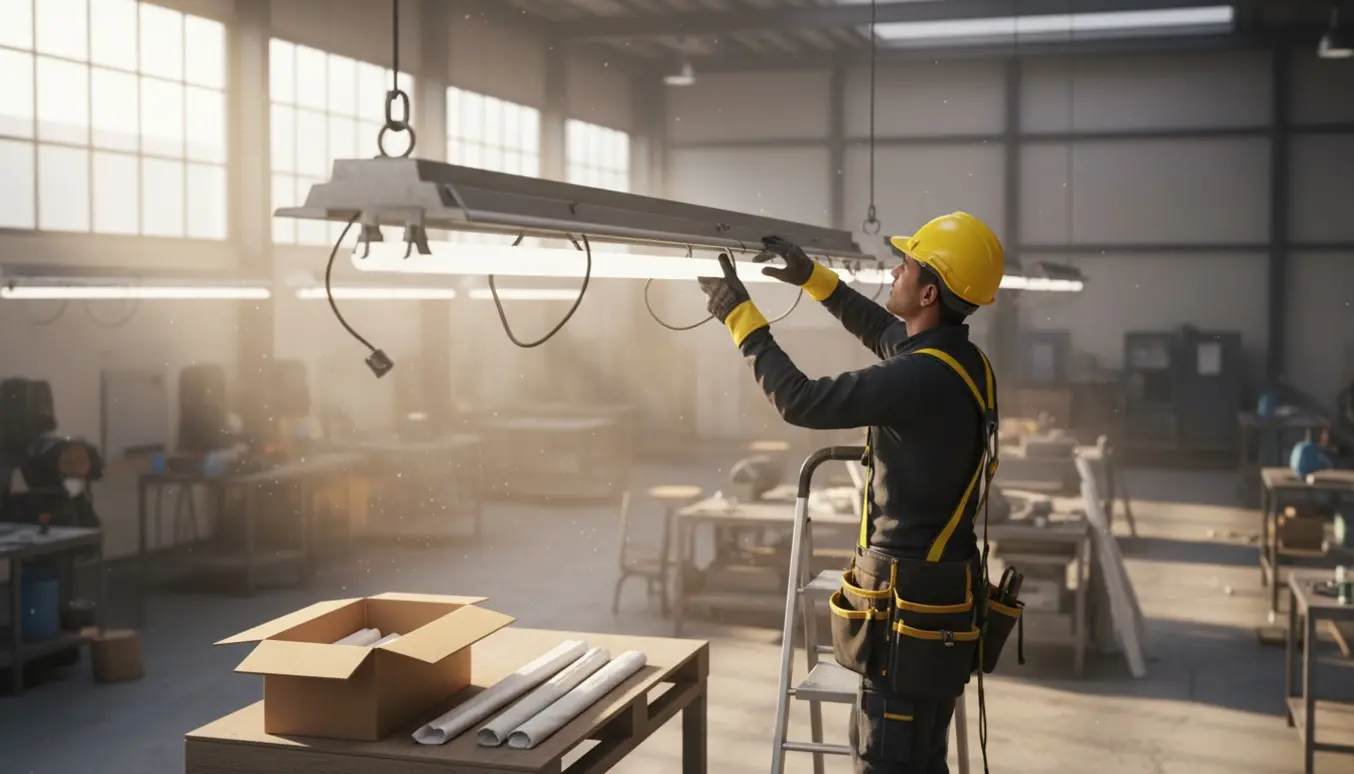 Tekniker på en høj stige skifter et lysstofrør i et højloftet industrirum uden synligt ansigt.