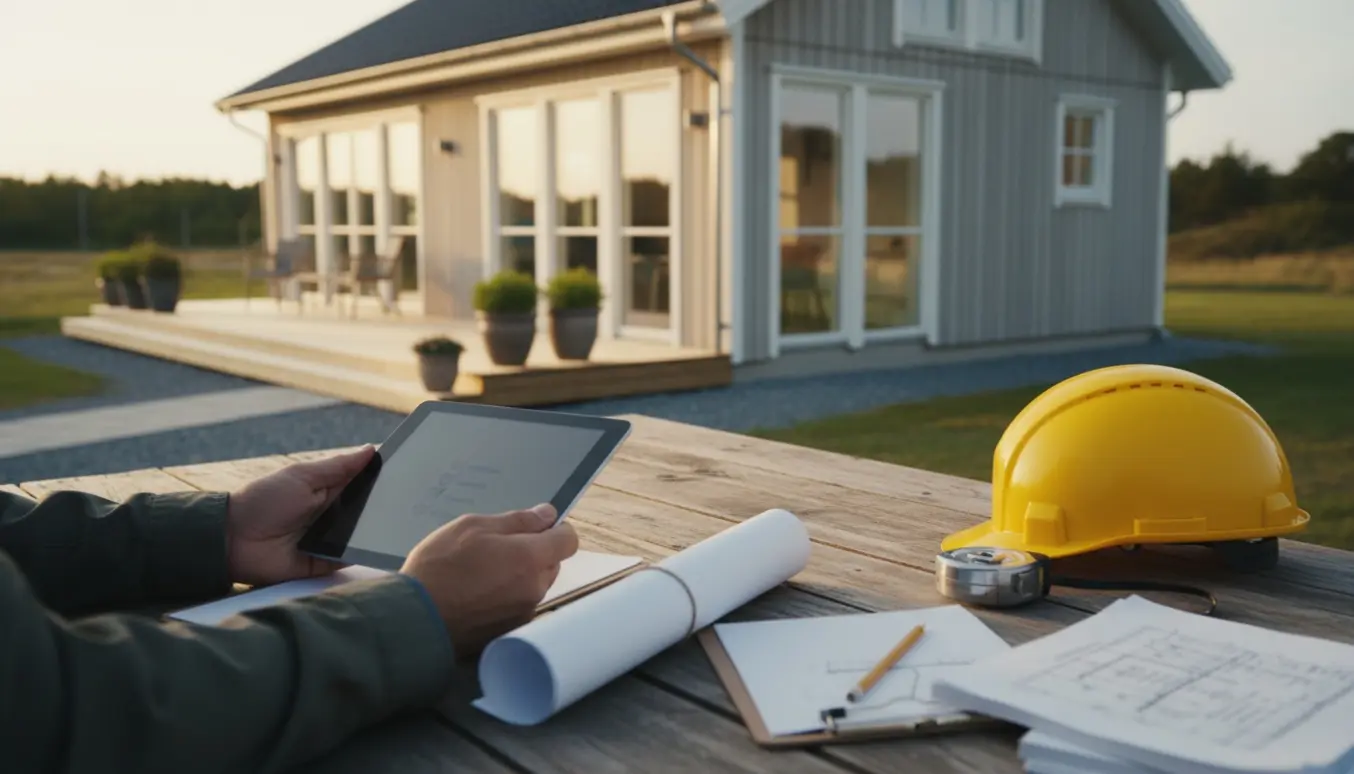 Hænder holder tablet og byggeplan foran et færdigt træsommerhus ved færdigmelding.