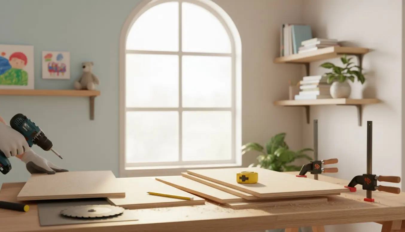 Hænder måler og monterer MDF-hylder med beslag, med færdigmonterede 30 cm hylder i baggrunden.