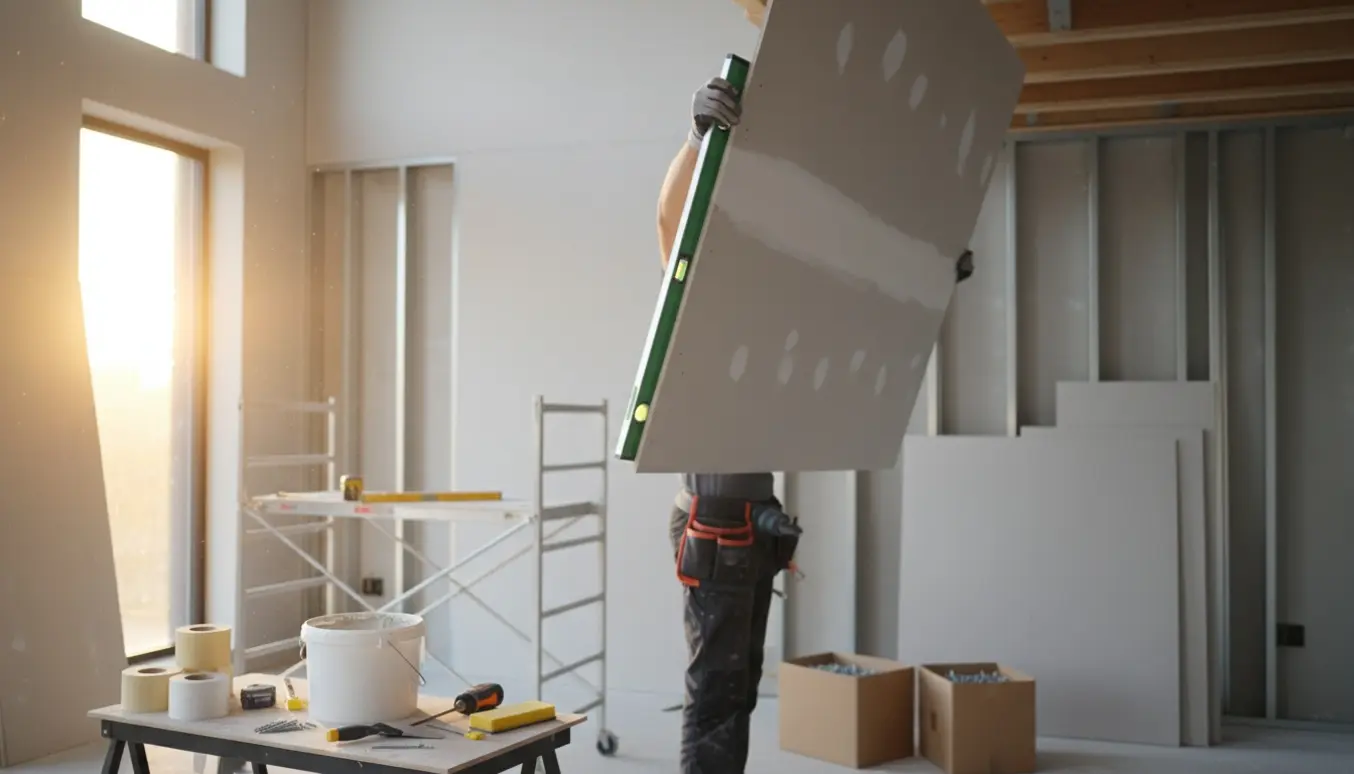 Hænder monterer en gipsplade i loftet med værktøj og materialer i et lyst rum.