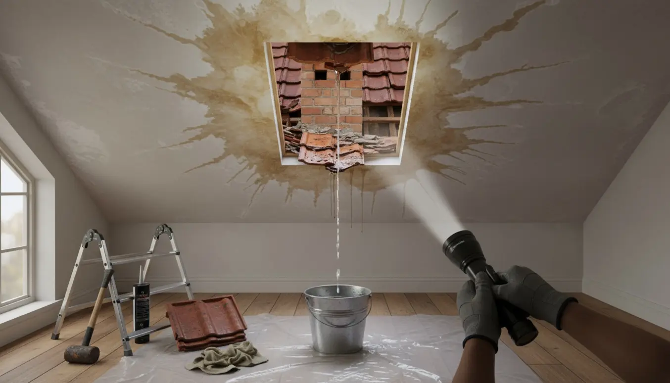 Utæt tegltag ved tagryggen bag skorstenen med dryp i en spand og reparationsværktøj klar.