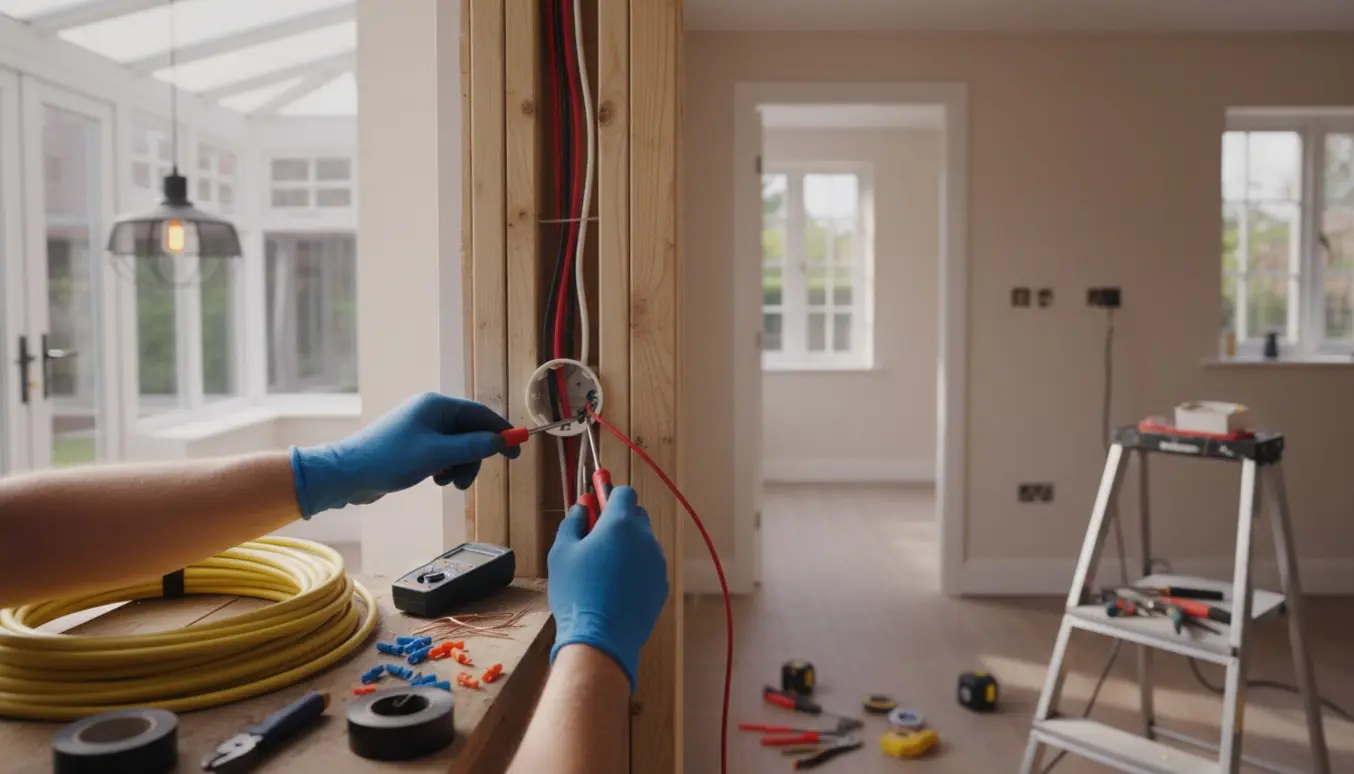 Handskerede hænder tilslutter farvekodede elledninger i en åben samledåse mellem nyligt opsatte vægge med udestue og afbryder i baggrunden.