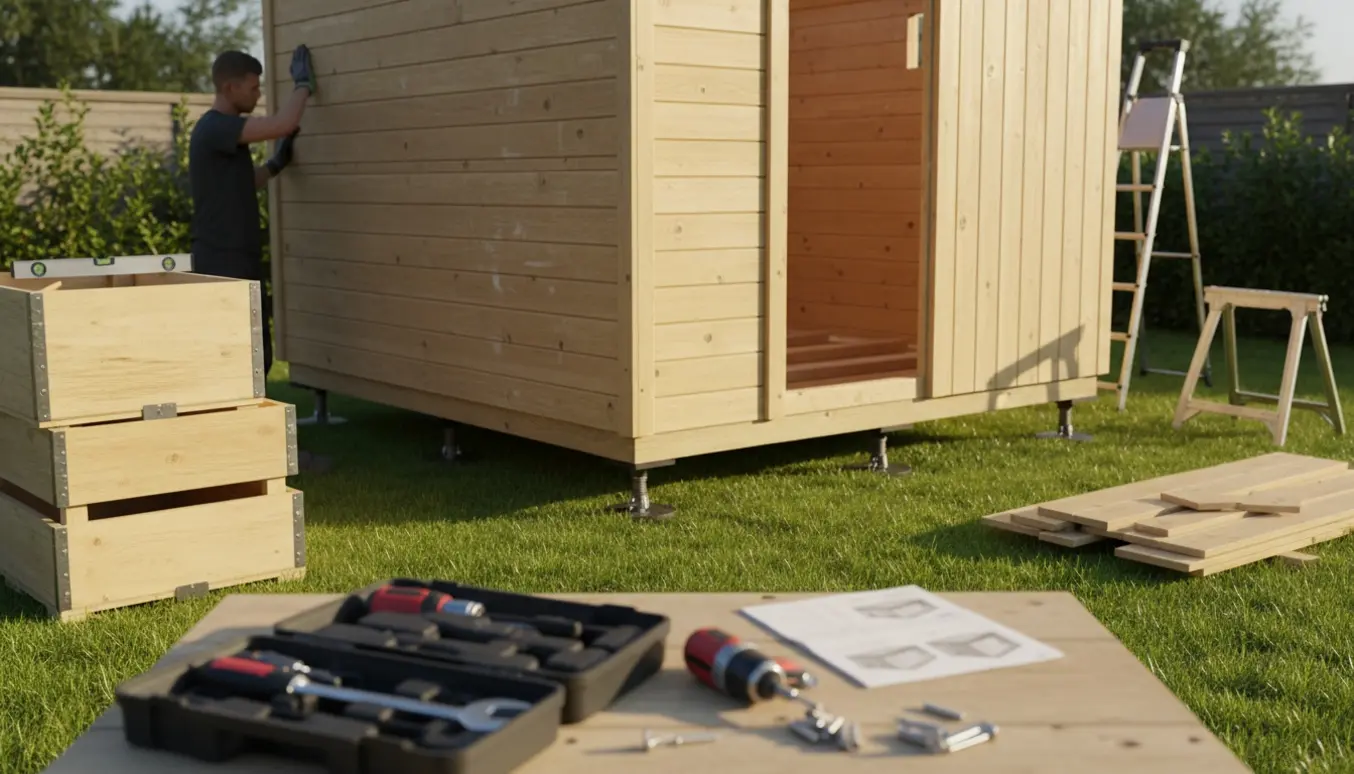 Delvist samlet 9 m² træhytte på bærende stolper med værktøj i forgrunden.