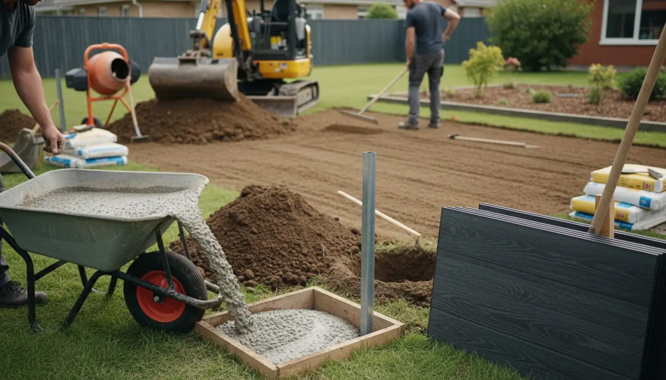 Våd beton hældes omkring en hegnspæl, mens jord udjævnes med rive og minigraver i baggrunden.