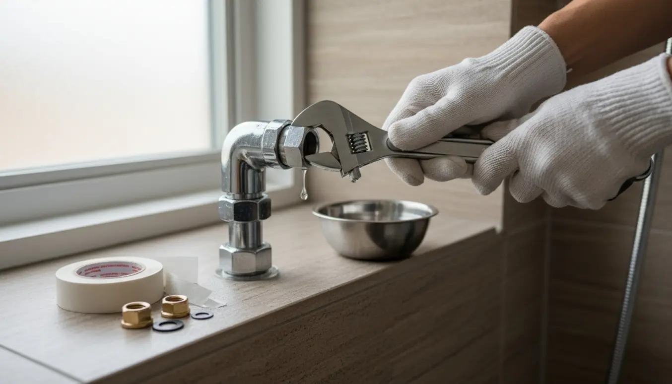 Nærbillede af hænder der spænder en møtrik på et dryppende bruserør med værktøj og en skål til vand.