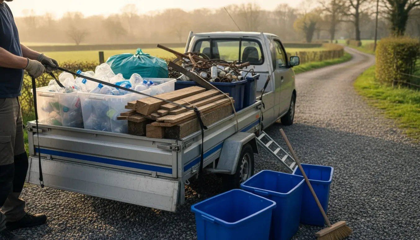 En pick-up med trailer læsset med sorteret affald — plastik, træ og metal — klar til at blive kørt til lossepladsen.