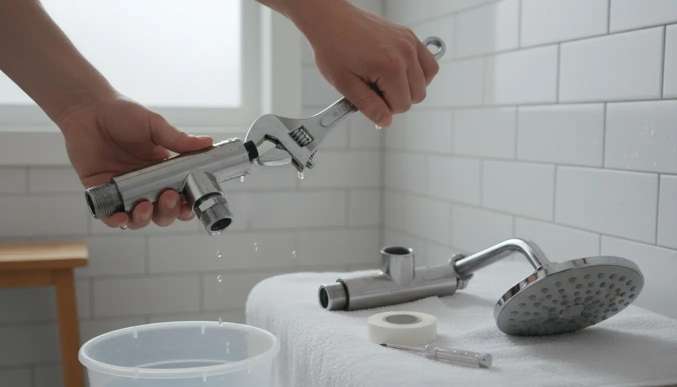 Hænder udskifter et krom bruserarmatur med skruenøgle på en fliset væg i et lyst badeværelse.
