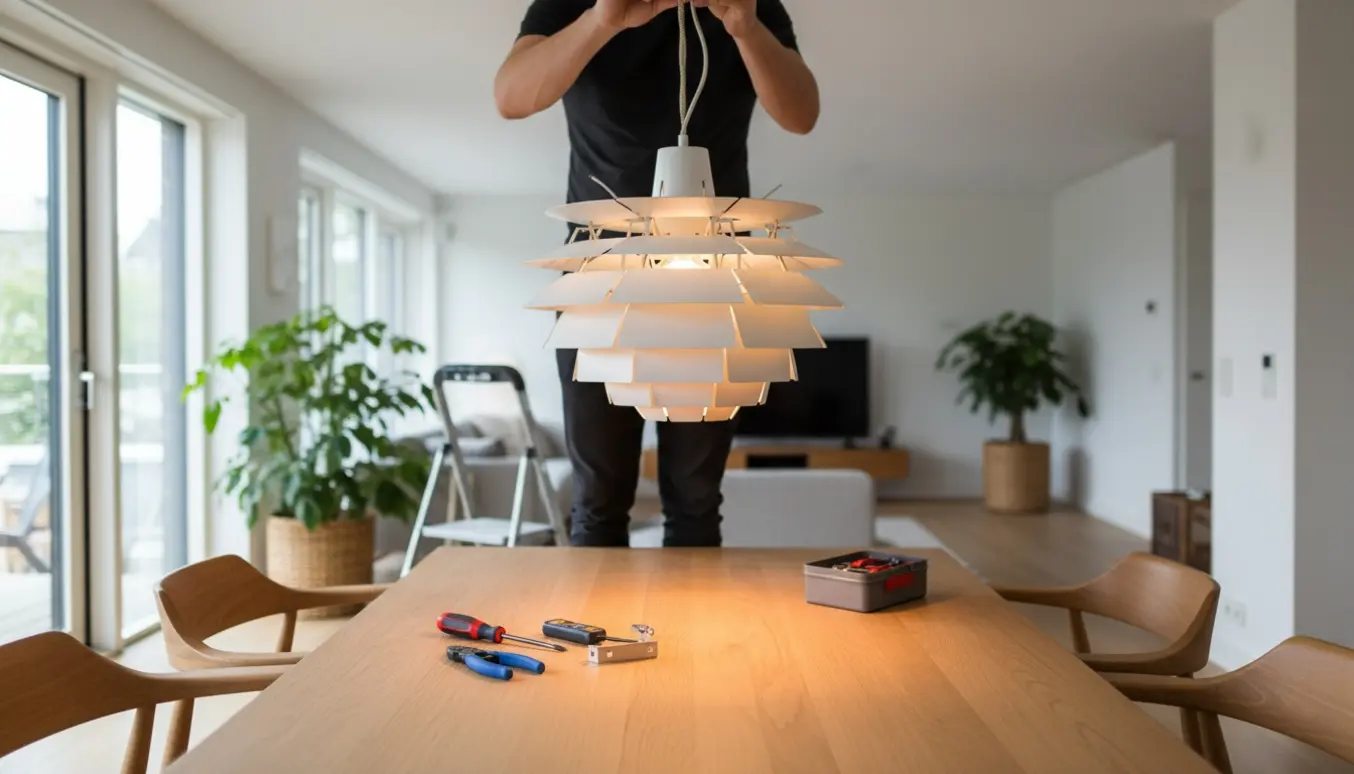 En håndværker monterer en klassisk pH-spisebordslampe over et træbord med værktøj klar ved siden af.