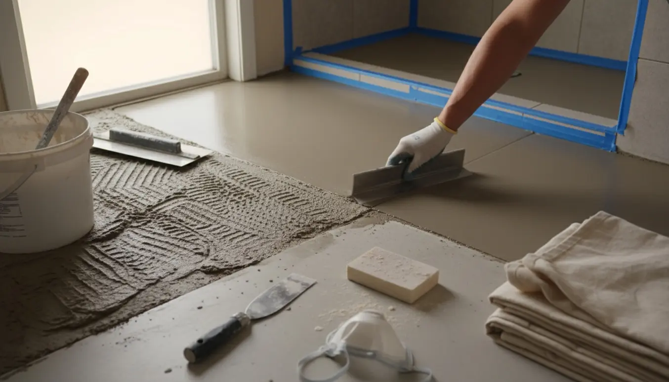 Halvfærdigt badeværelsesgulv hvor en handske-klædt hånd glatter gammel flydespartel væk med murske, klar til maling.