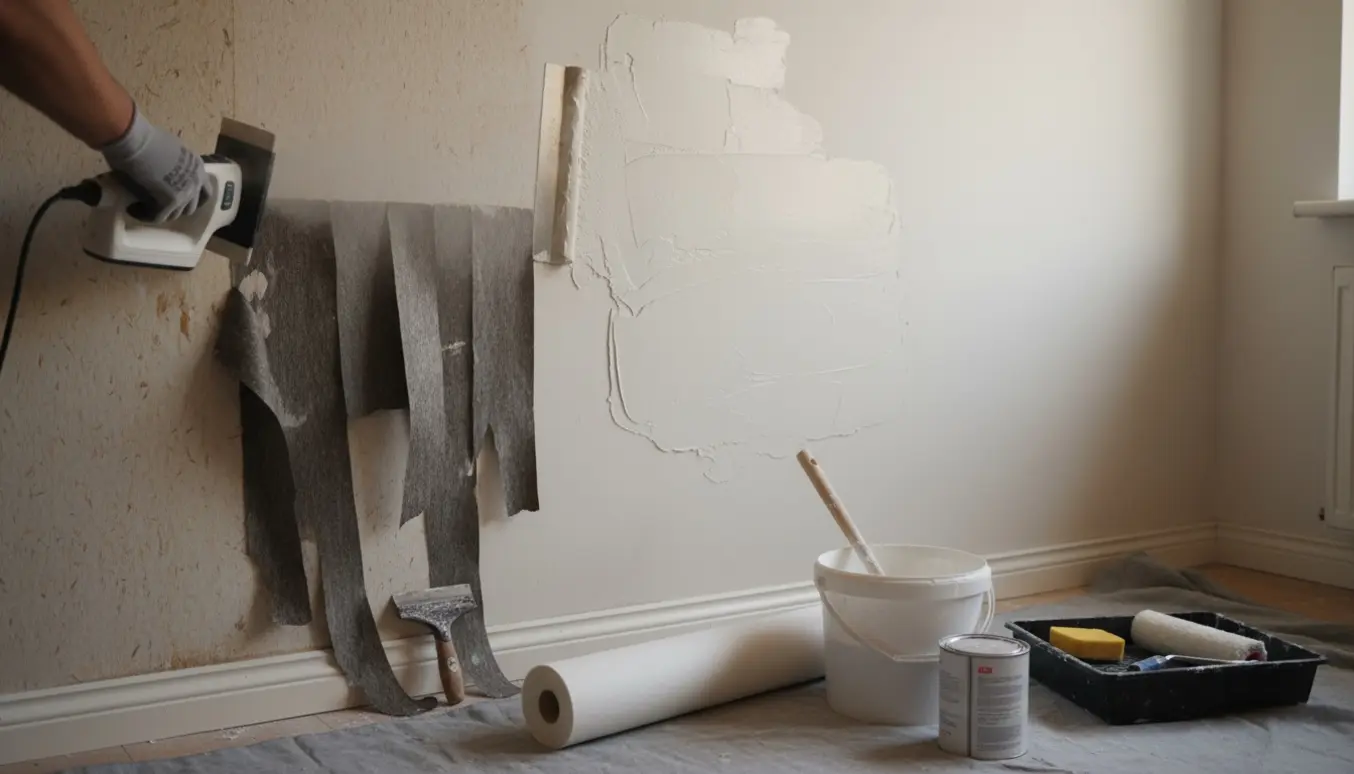 Lille værelse under renovering med savsmuldstapet, spartelværktøj og grunder klart på gulvet.