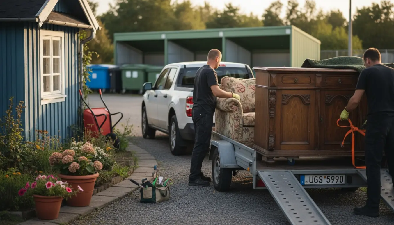 Sofa og tung skænk læsses på trailer ved kolonihavehus på vej til genbrugsstation.