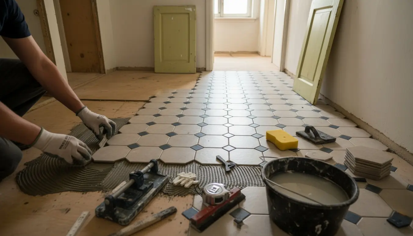 Hænder lægger oktagon-klinker i et lille køkken med værktøj og materialer spredt, mens gangen også forberedes.