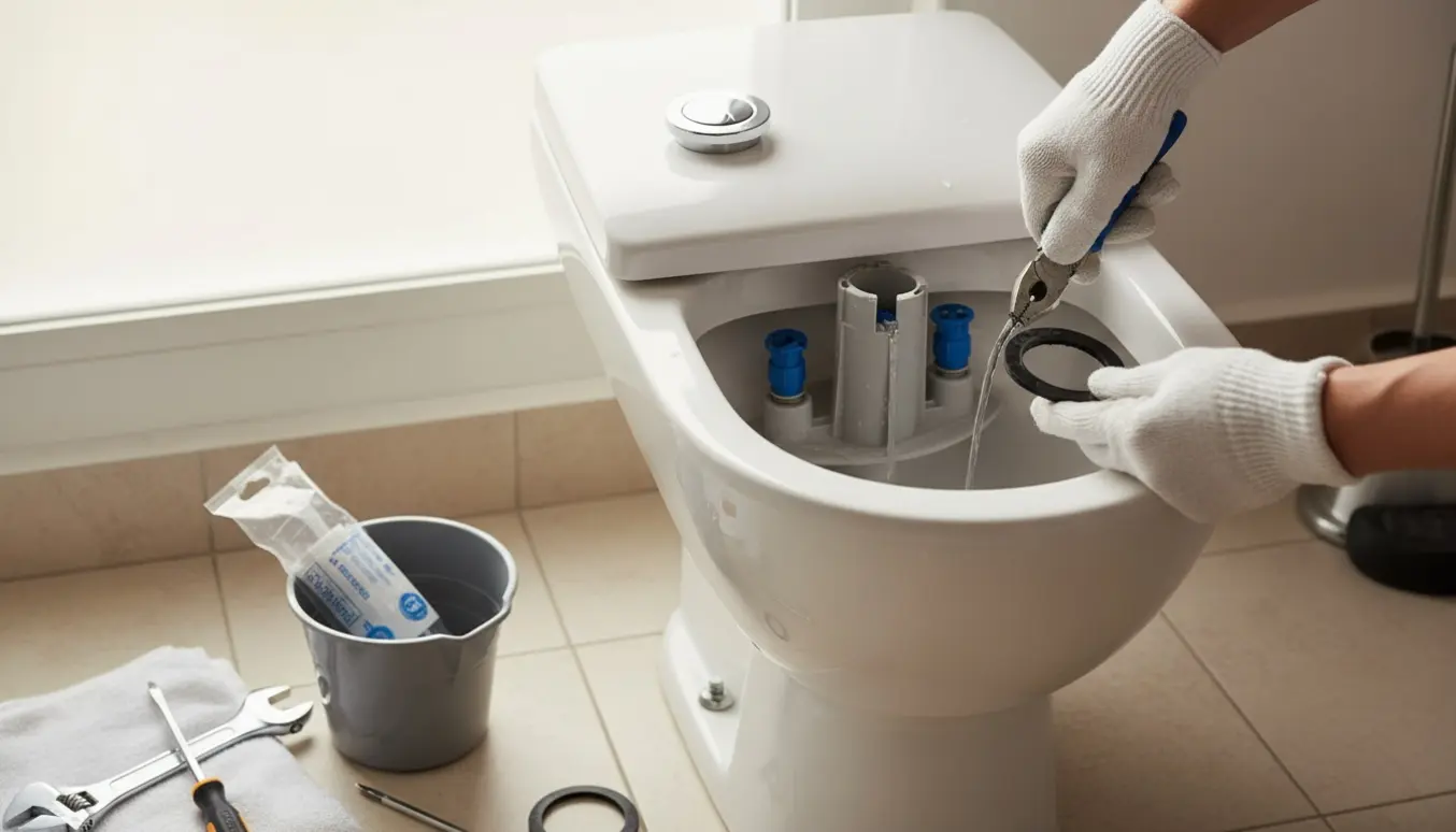 Hænder reparerer et moderne toilet med fjernet trykknap og værktøj lagt ved siden af.