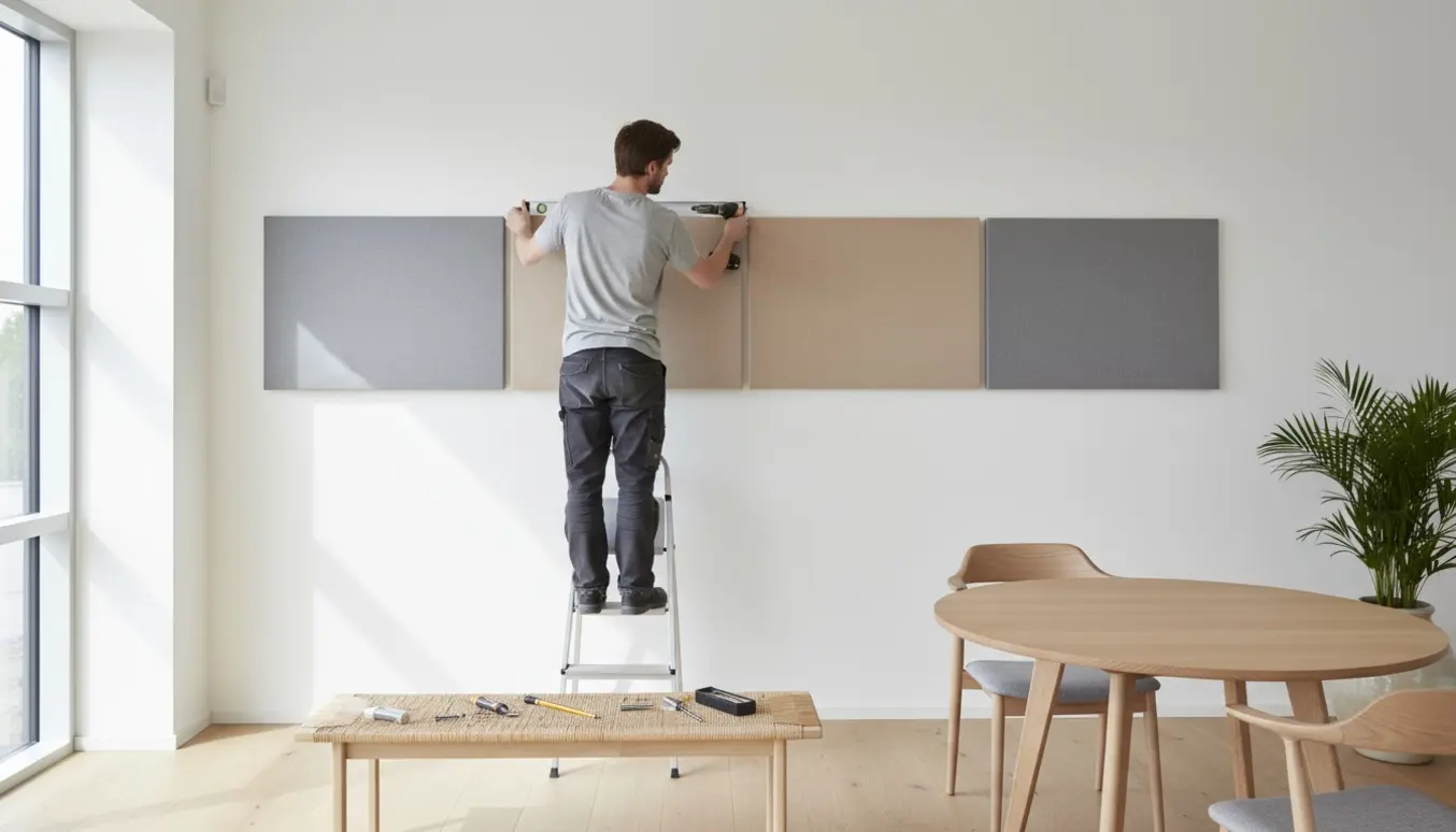 Installation af tre akustikplader i et lyst mødelokale med stige og værktøj.