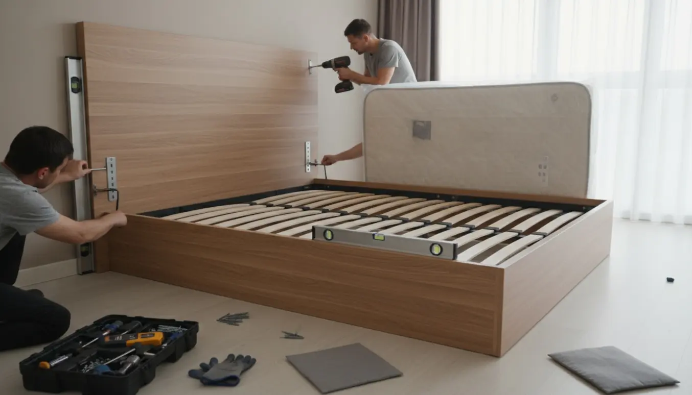 To håndværkere monterer en seng med gavl på væggen, med en fjedermadras og værktøj i et lyst soveværelse.