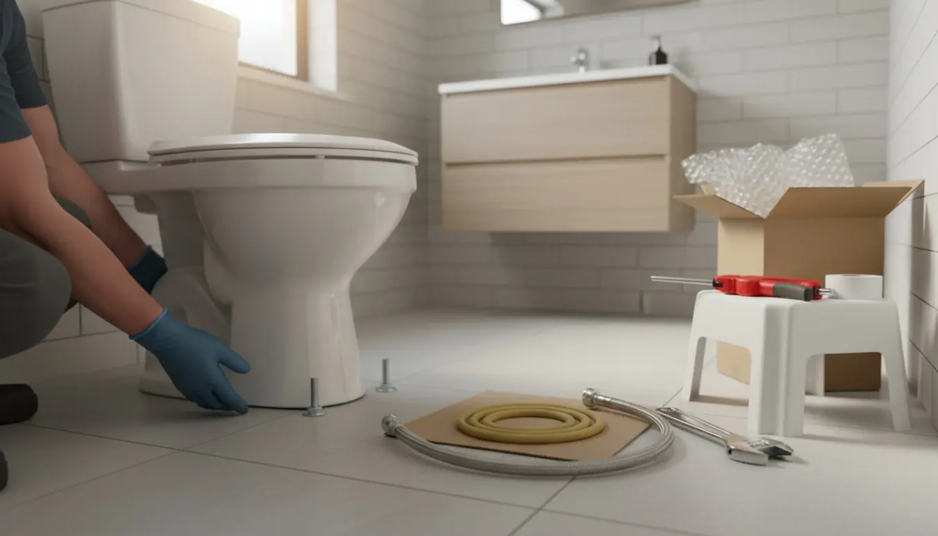 En fagperson installerer et nyt toilet i et lyst badeværelse på 1. sal, kun hænder synlige.