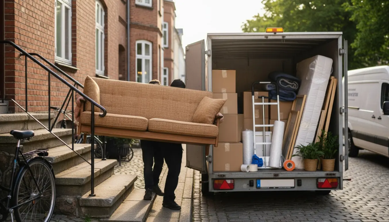 Flyttefolk læsser sofa, kasser og personligt indbo fra en rød murstenslejlighed ned i en trailer i Århus.