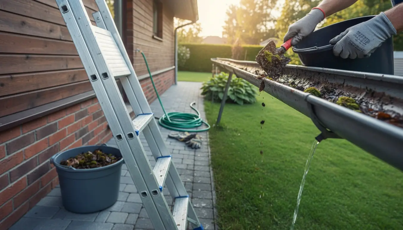 Hænder renser en 22 meter lang tagrende ved stueetagen og fjerner blade og mos.
