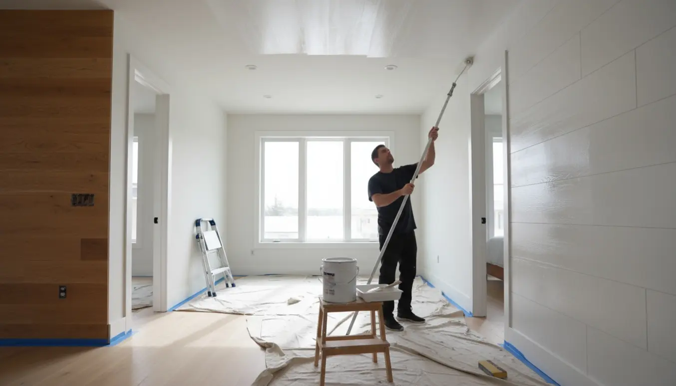 Hænder maler hvide paneler og loft i et lyst hjem med en ubehandlet trævæg og dækkede møbler.