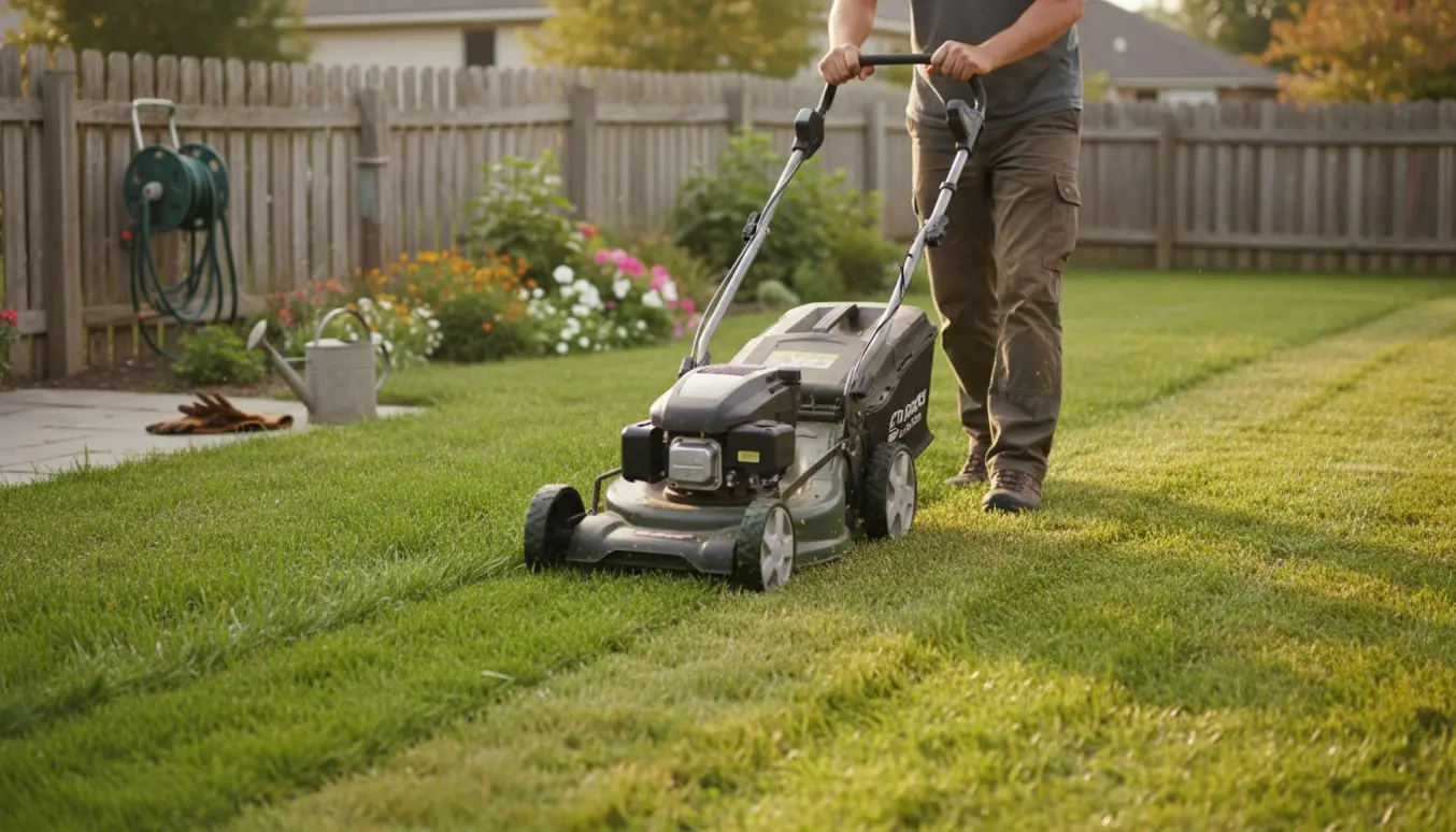 En person slår græs i en have med en plæneklipper og nyslåede striber.