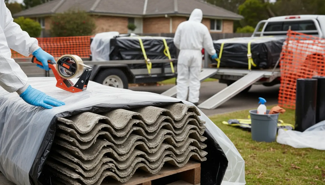 Arbejdere i beskyttelsesdragter indpakker stabler af eternittagplader ved indkørslen klar til bortskaffelse.