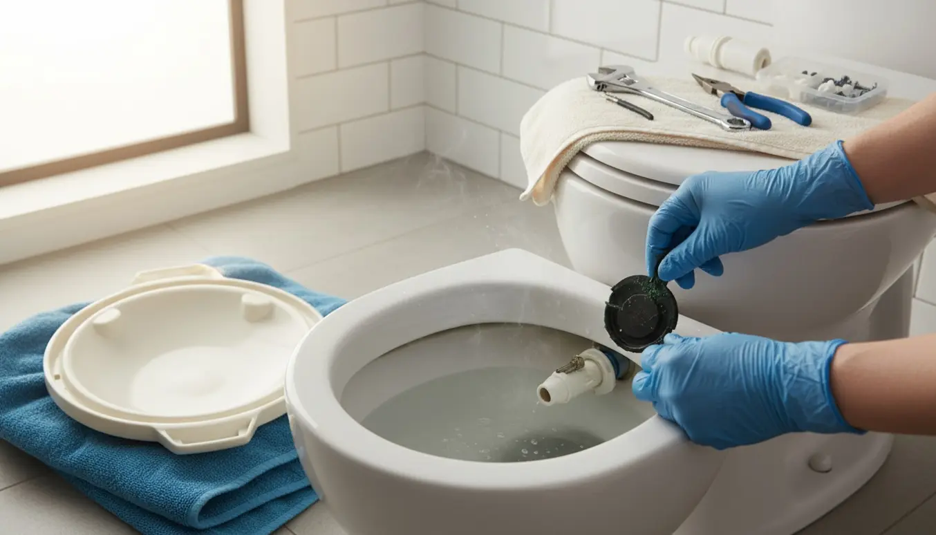 Nærbillede af hænder, der udskifter en gummiventil i en åben toiletcistern med værktøj og reservedele på et håndklæde.