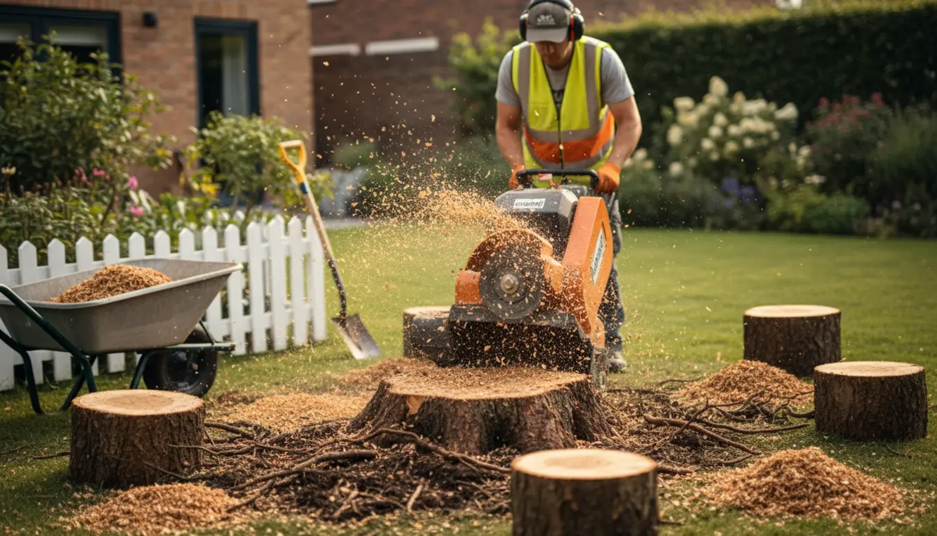 En stubfræsemaskine der fjerner træstubbe i en have, med flis, flere stubbe og en trillebør.