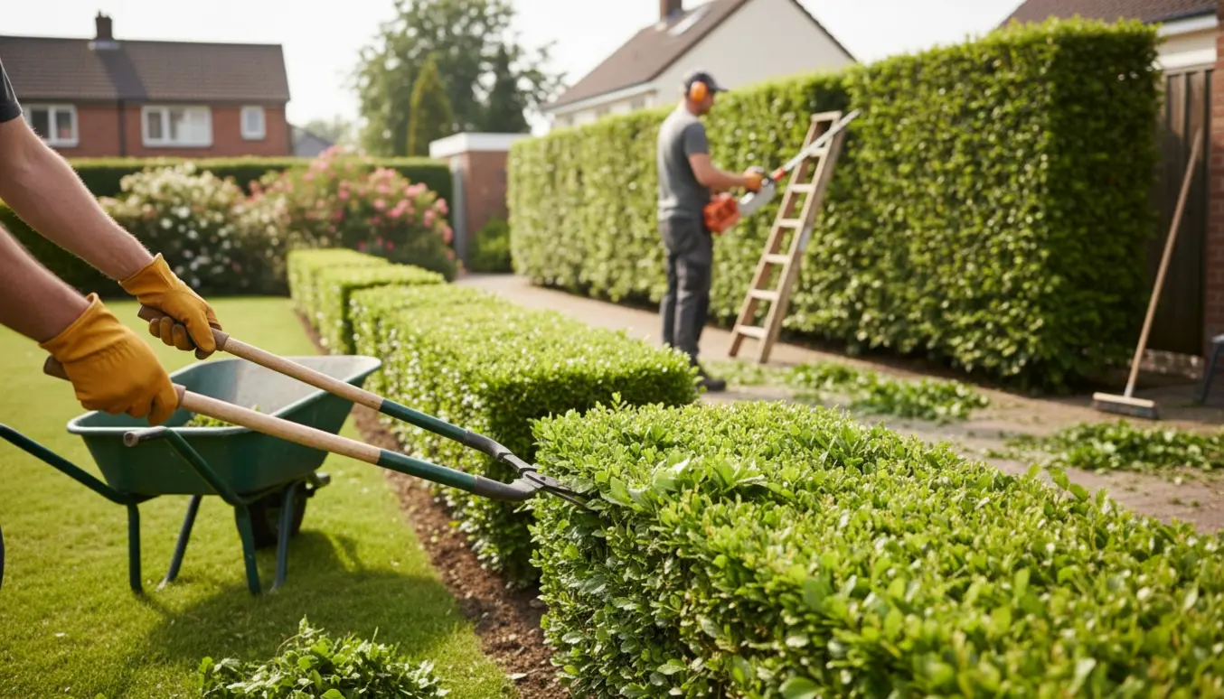 To havearbejdere trimmer en høj ensidet bøgehæk og en lav tosided bøgehæk med værktøj og friskklippede blade.