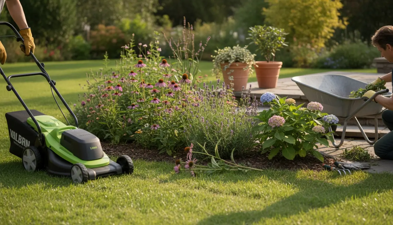 Hænder luger ukrudt ved en hortensia, klipper stauder og slår græs i en lille have ved en terrasse.
