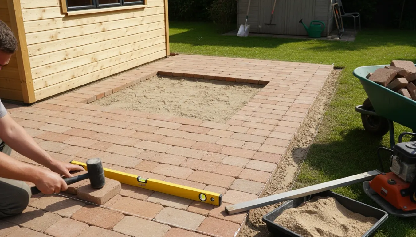 Delvist færdig terrasse ved et nyt sommerhus med genbrugte teglklinker, firkantet hul til sandkasse og forberedt område til udebruser.