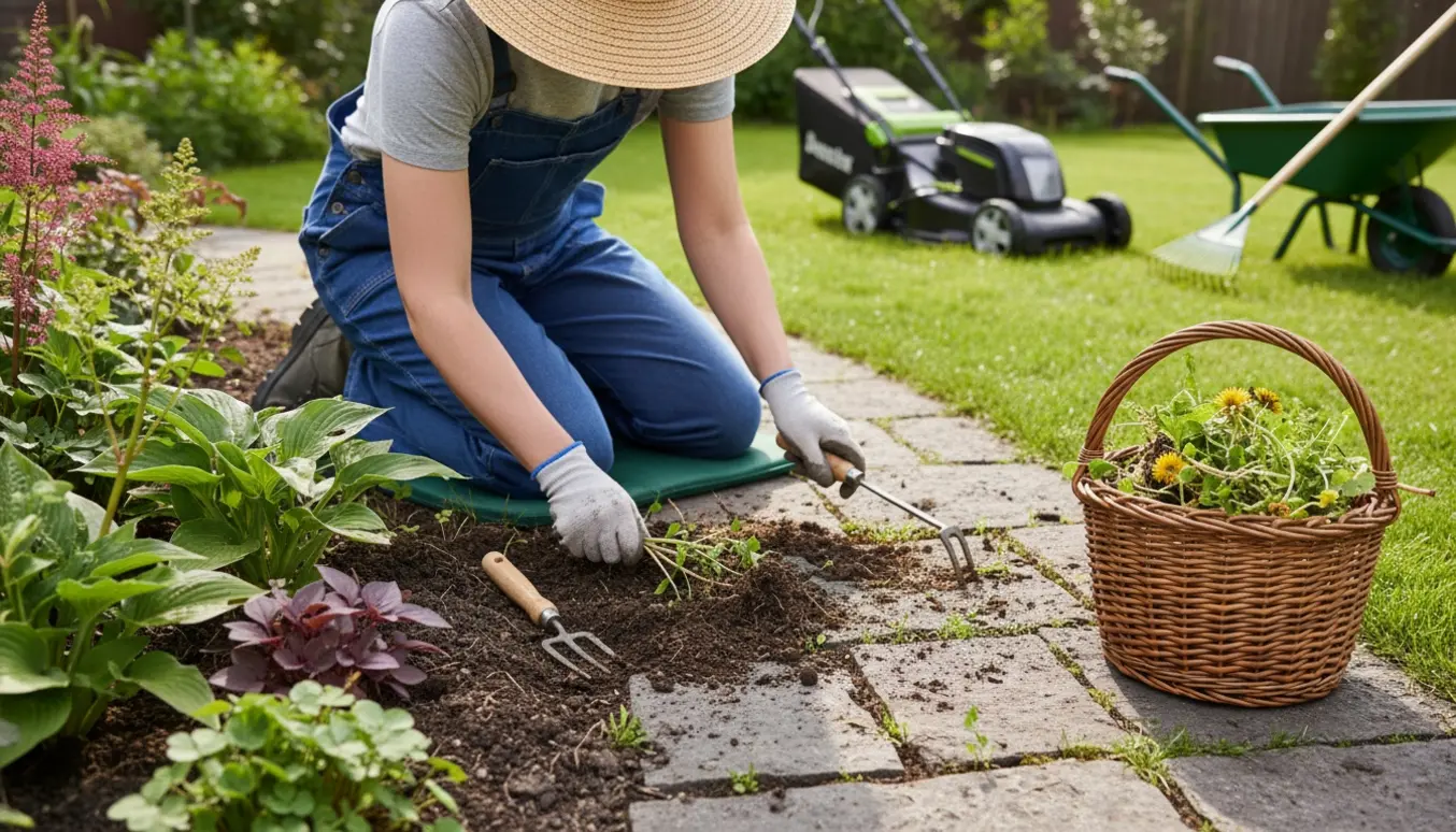 Hænder fjerner ukrudt i staudebed og mellem fliser med haveværktøj, mens en plæneklipper ses i baggrunden.