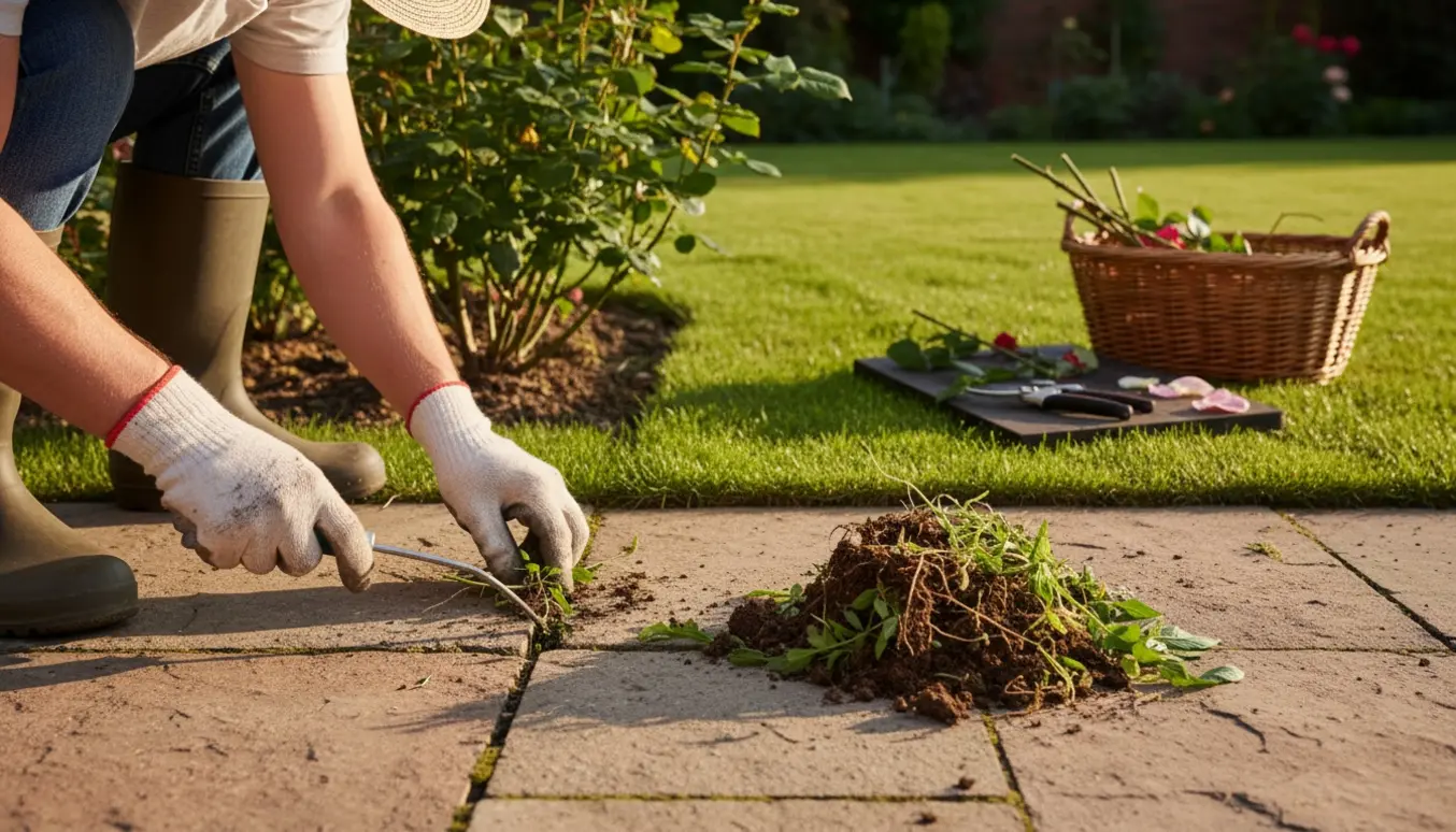 Nærbillede af havearbejde med hænder, der fjerner ukrudt mellem fliser, kantning af græs og nyskårne roser.