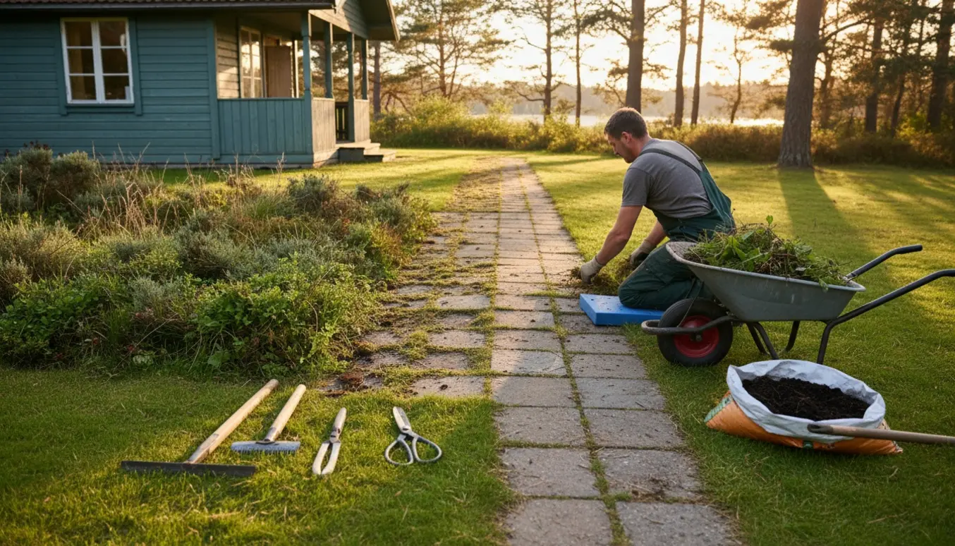 Havearbejde ved et sommerhus med rensede fliser, klippede græskanter og en trillebør fuld af ukrudt.