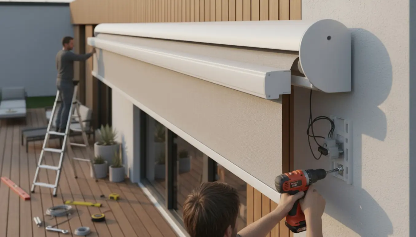 Montage af en 4 meter motoriseret markise på husfacaden med værktøj og beslag i fokus.