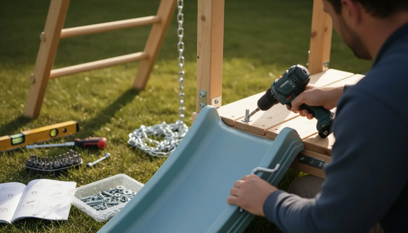 To personer monterer et skandinavisk gyngestativ med rutsjebane i en solrig baghave, med fokus på hænder og værktøj.