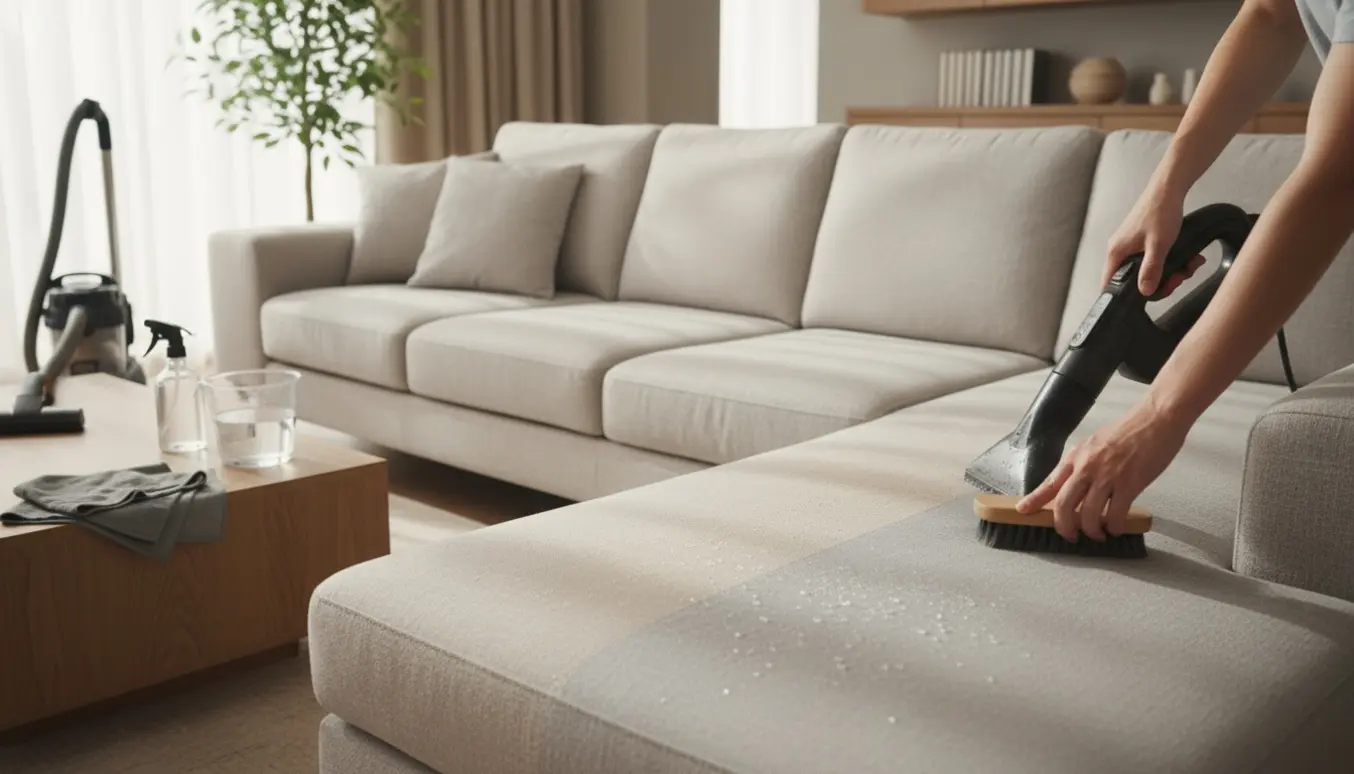 Hænder rengør en stor 5-personers sofa med chaiselong med en håndholdt tæpperenser.