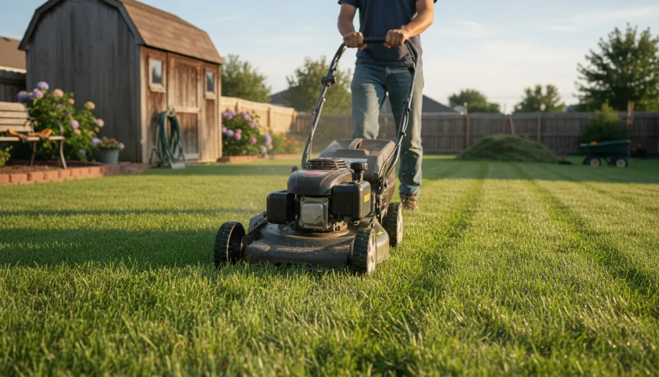 En person slår græsset i en solbeskinnet baghave med en plæneklipper, med tydelig forskel mellem nyslået og højt græs.