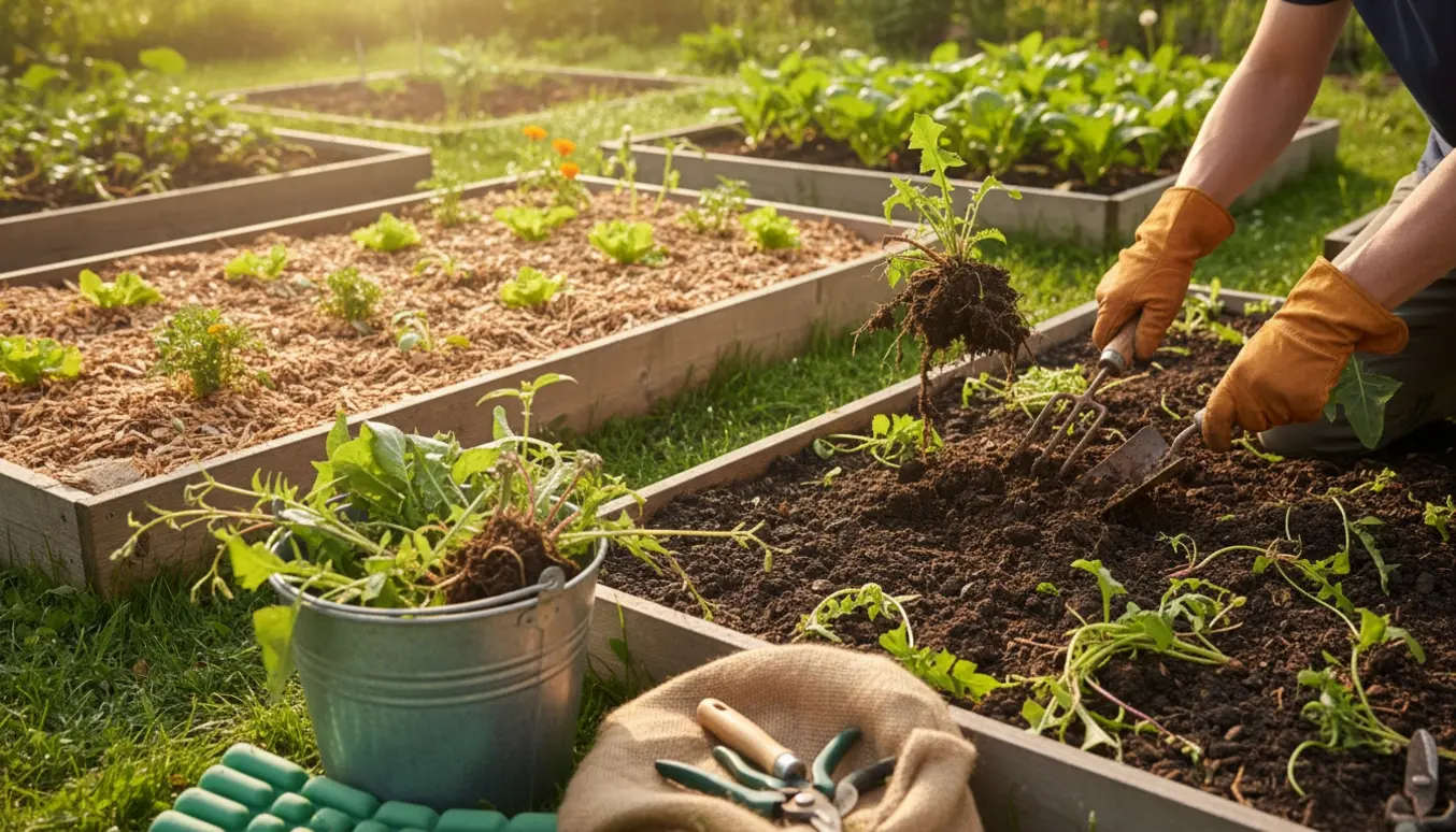 Hænder i havehandsker fjerner ukrudt fra et velplejet bed i blødt morgenlys.