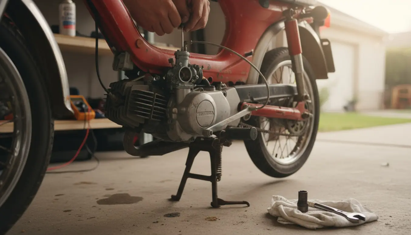 En Honda Wallaroo knallert på buk med mekanikerhænder, som justerer karburatoren i en solbelyst garage.