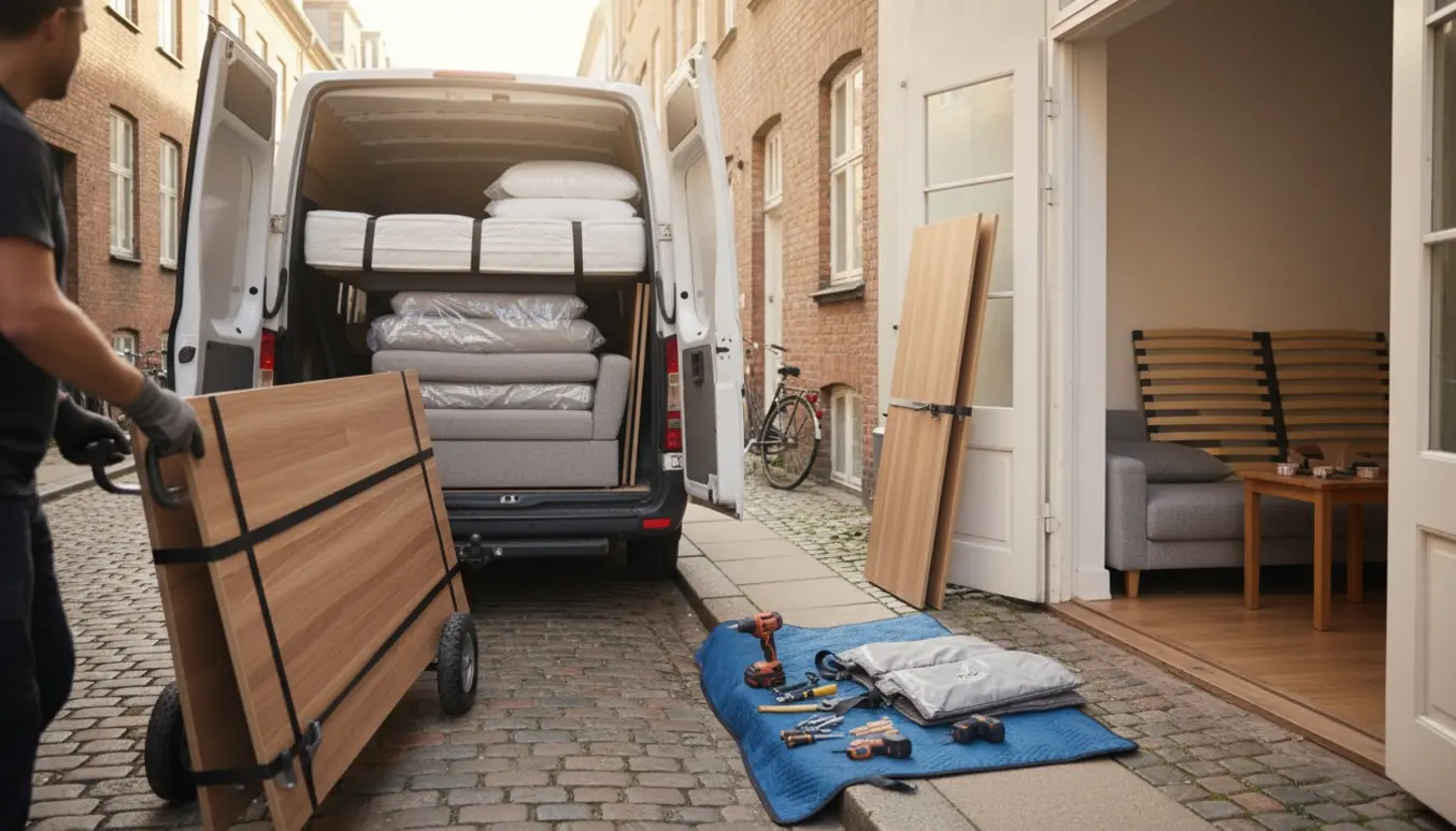 Flyttescene i København med flyttevogn, afmonteret klædeskab, dobbeltseng og værktøj klar til opsætning i en lejlighed.