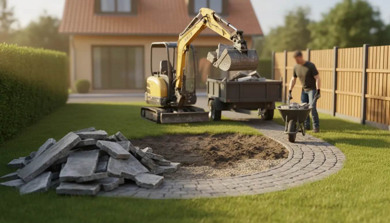 Lille gravemaskine læsser opbrækket beton fra en have ind i en tipvogn ved indkørslen.
