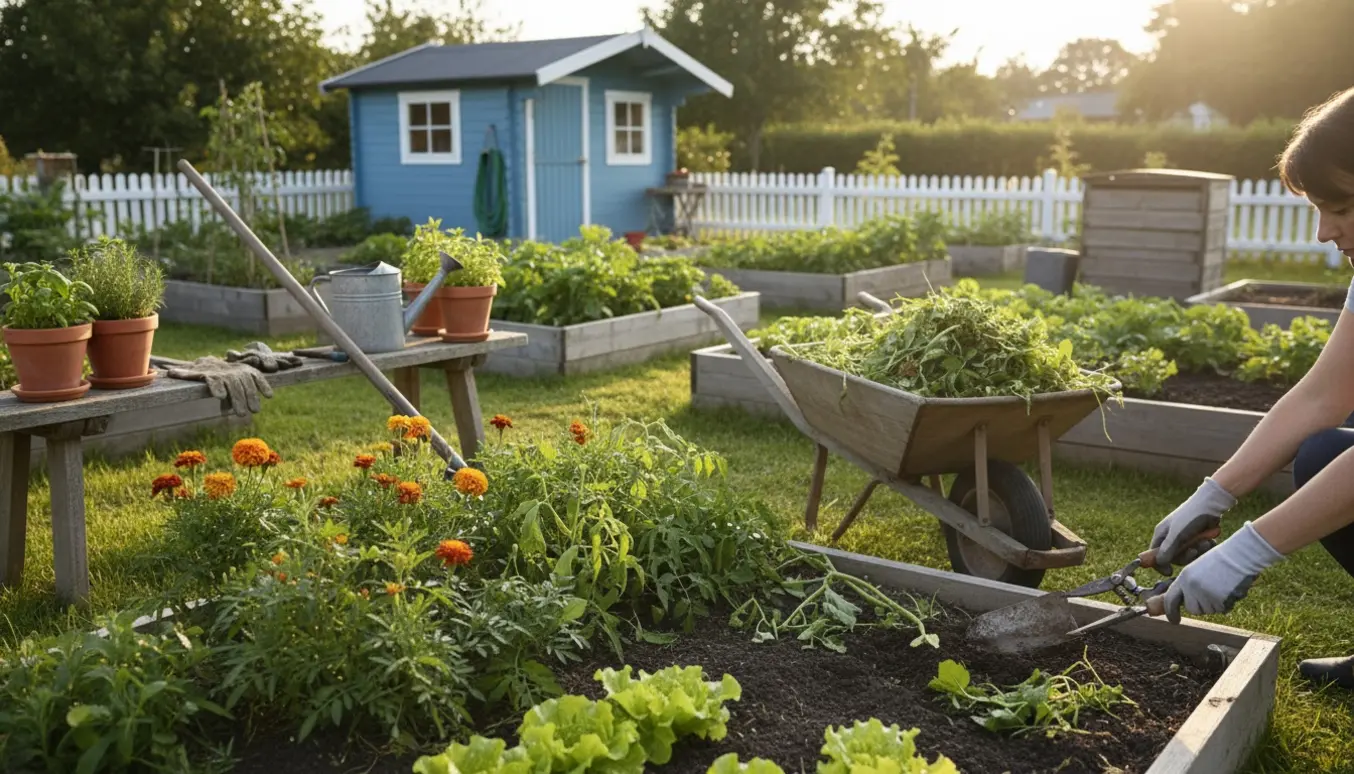 Hænder fjerner ukrudt og klipper bede i en velholdt kolonihave med redskaber og skur i baggrunden.