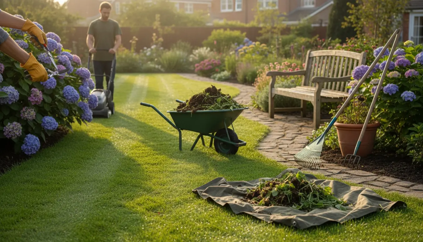 Soloplyst have med klippet græs, ukrudt i en trillebør og hænder, der beskærer en busk.