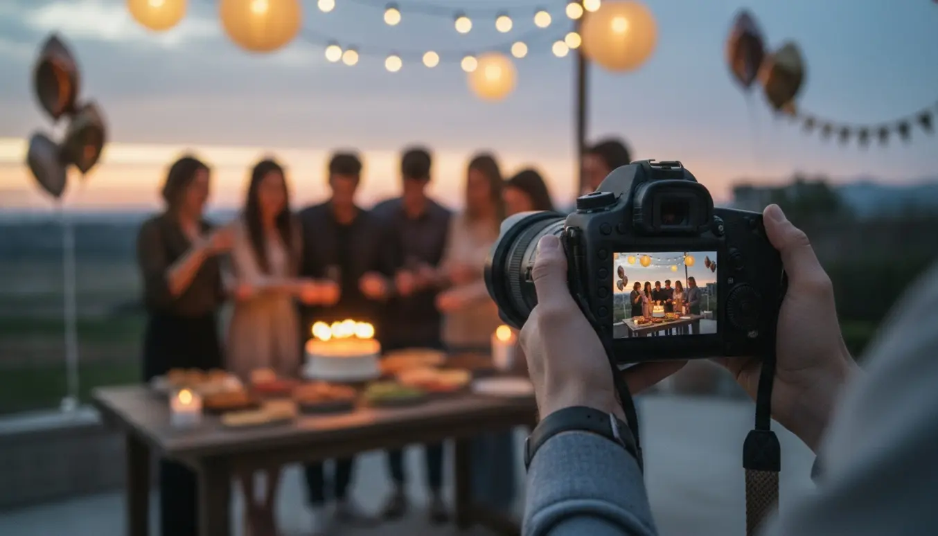 Fotograf tager billeder til en aftenfest med varme lyskæder og slørede gæster i baggrunden.
