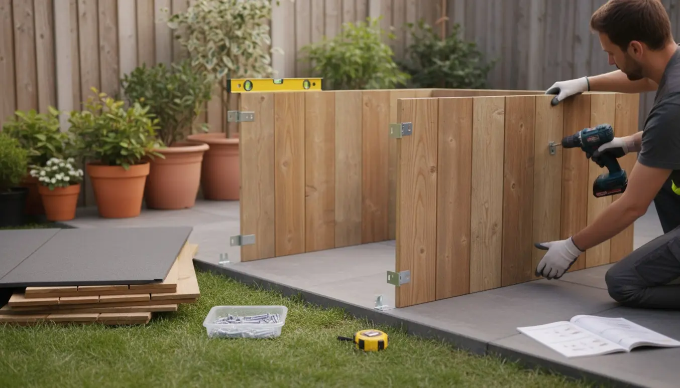 To personer samler et lille modulskur på et flisefundament med værktøj og paneler, ansigter ikke synlige.