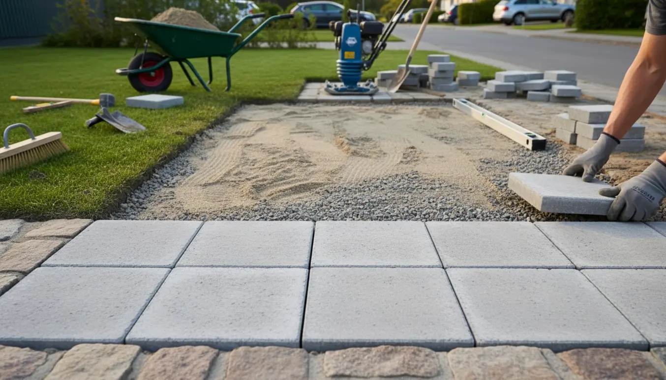 Ny gangsti under anlæg med firkantede betonfliser, sand, stabilgrus og værktøj ved en stille stikvej.