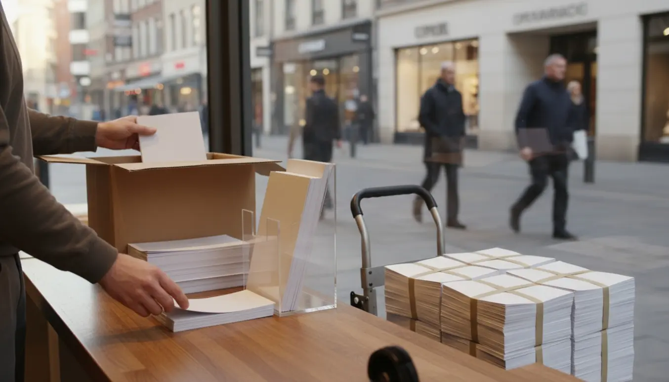 En budperson afleverer stakke A5-flyers til butikker i en bymidte med hænder og flyers i fokus.