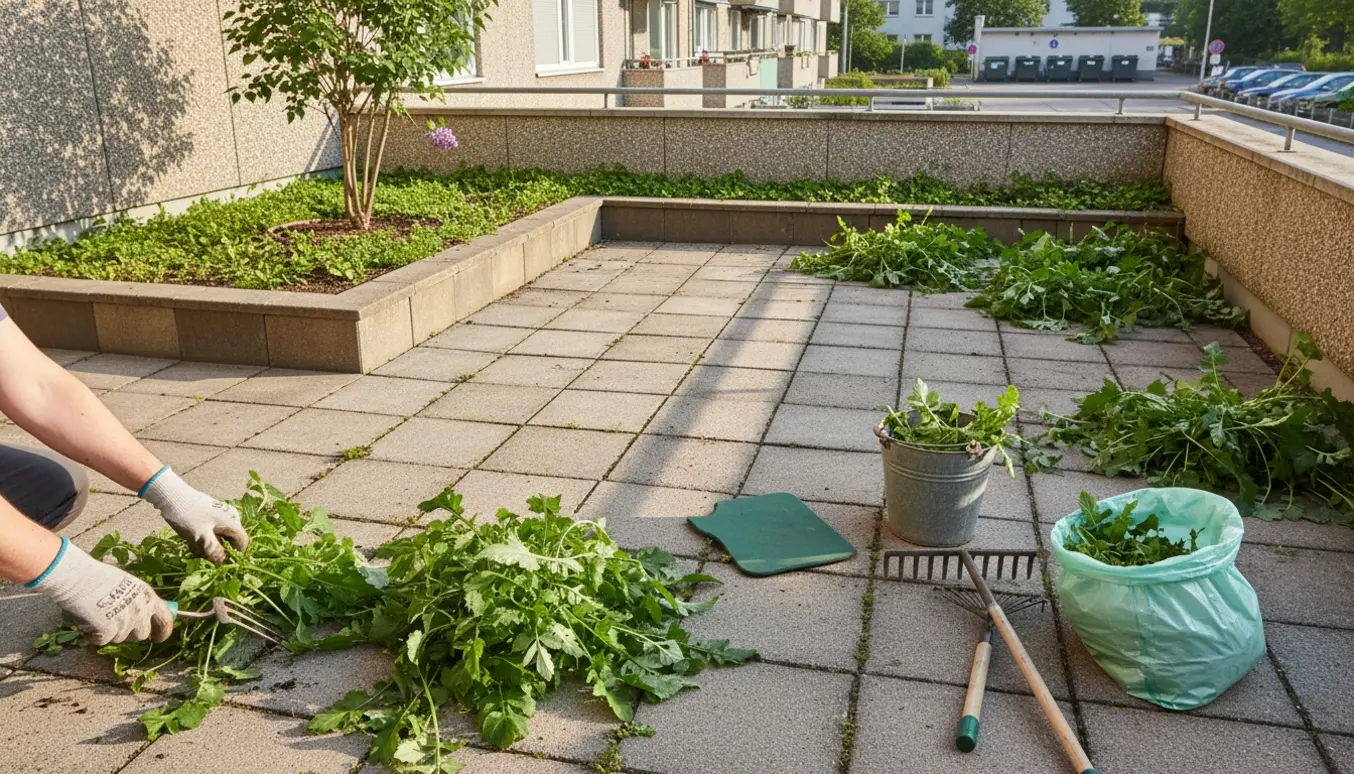 Hænder fjerner ukrudt mellem fliser på en ujævn lejlighedsterrasse med bede og en lille opstammet syren.
