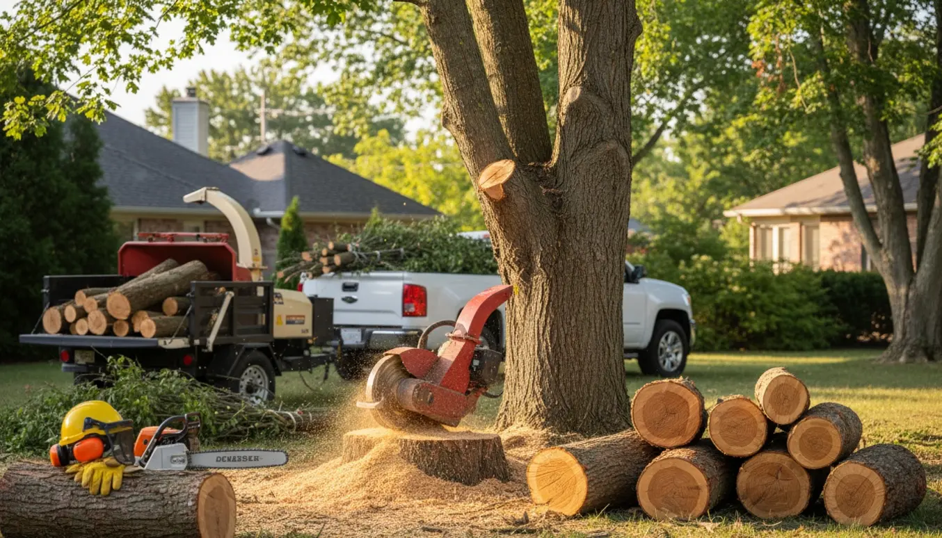 Træstub fræses væk i en villahave med maskine og stablet træ klar til bortkørsel.