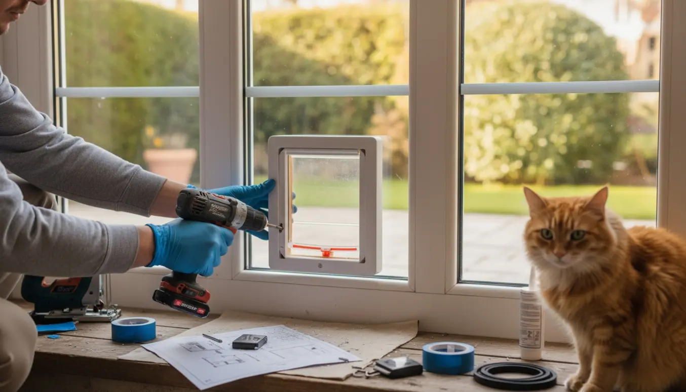 Installatør monterer kattelem med chipsystem i nederste rude på en terrassedør med værktøj og en kat i nærheden.